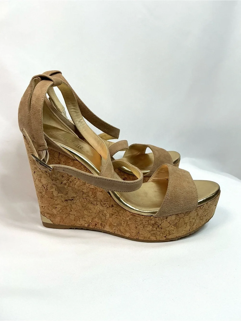 Jimmy Choo | Portia 120 Nude Suede Cork Platform Wedge Sandals EU 40